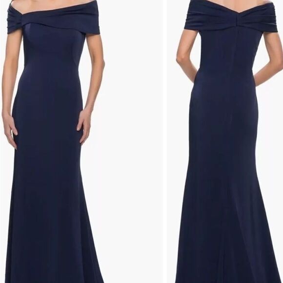 LA FEMME 29537 OFF THE SHOULDER NAVY TRUMPET GOWN SIZE 8 NWT $418 - Picture 2 of 7